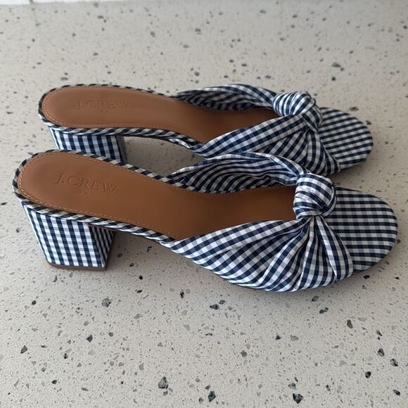 J. Crew Navy Gingham Knot Sandals Printed Mid Block Heel Women’s Size 10 EUC - Picture 11 of 14